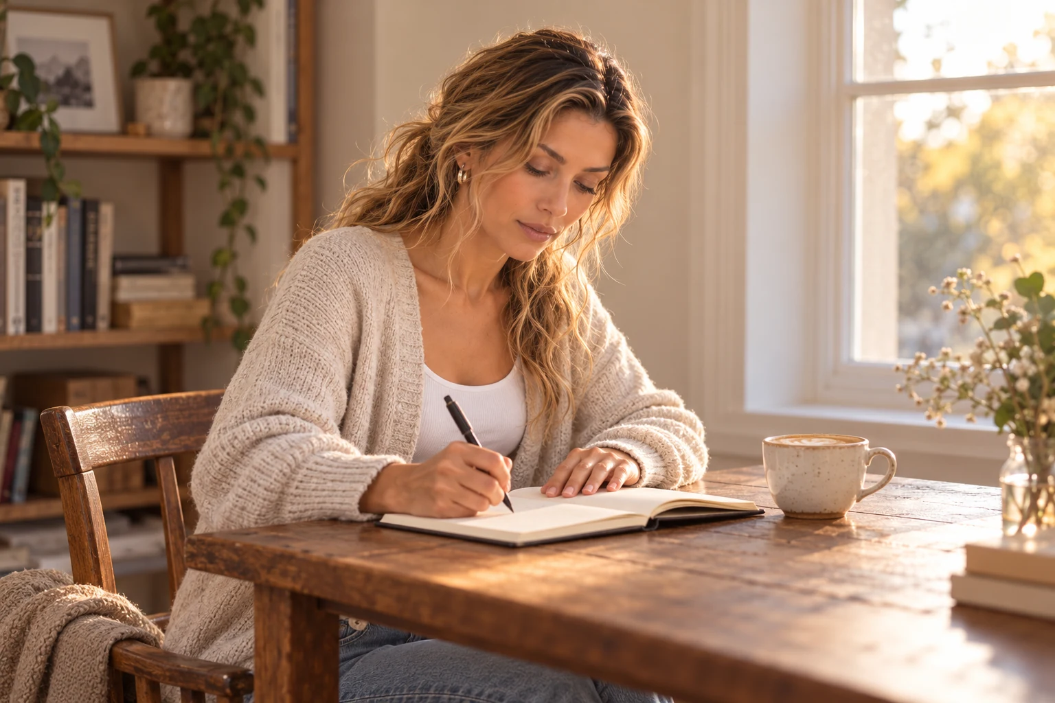 Lyora writing in a notebook by a window, with a cappuccino beside her